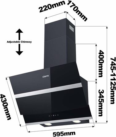 Витяжка кухонна CIARRA ASB6736N 60 см, 650 м³/год, навісна, нержавіюча сталь та чорне скло, керування через App та Touch, режим рециркуляції та відведення, з вугільним фільтром CBCF003, чорна