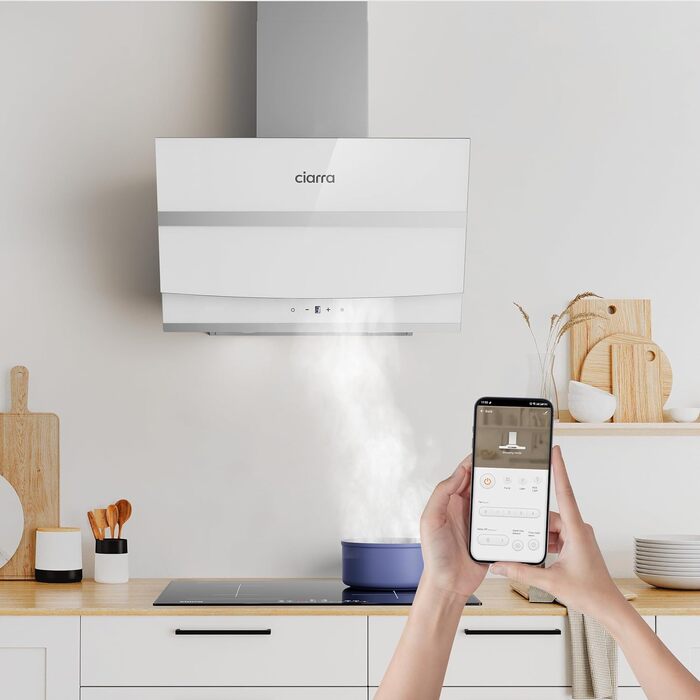 Витяжка кухонна CIARRA ASB6736N 60 см, 650 м³/год, нержавіюча сталь та чорне скло, керування через App та Touch, режим рециркуляції/відведення, вугільний фільтр CBCF003, білий колір