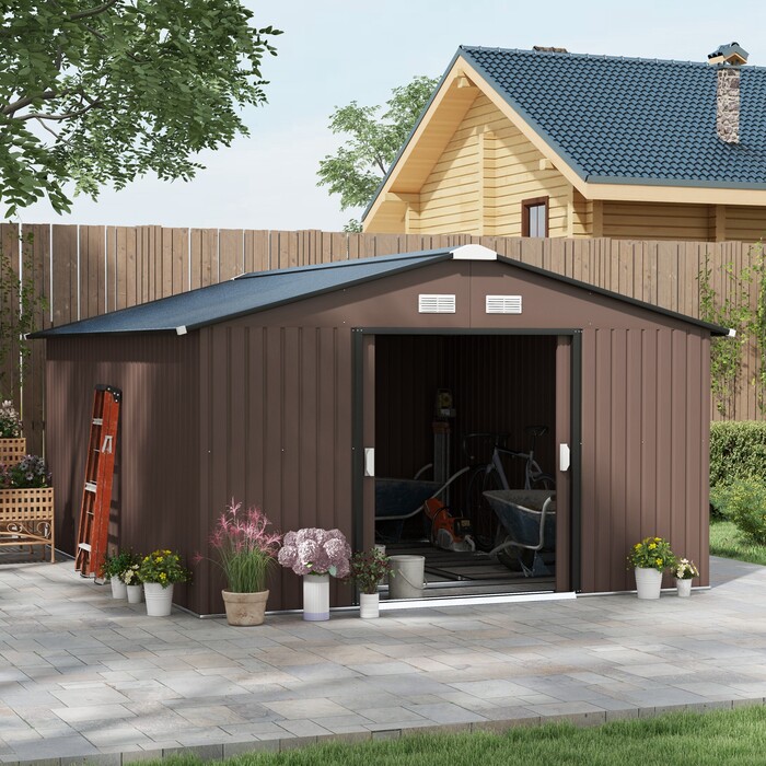 Outsunny Garden сарай 12,4 м², садовий сарай з односхилим дахом, розсувні двері, фундамент, 340 x 386 x 200 см, сарай для інструментів з оцинкованої сталі, стійкий до атмосферних впливів, для саду, коричневий