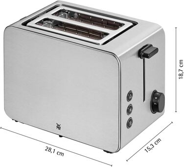 Тостер WMF Stelio 2-слотовий нержавіюча сталь, сріблястий, з підставкою для булочок, функція розігріву хліба, 7 рівнів підсмажування, 900 Вт