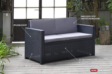 Диван садовий Allibert Victoria 2-місний, ротанг, сірий, з подушками, 129x63x77 см