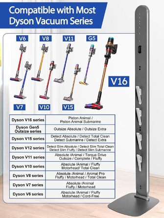 Підставка для пилососа Dyson Gen5 V16 V15 V12 V11 V10 V8 V7 V6 — металевий тримач без свердління, 4 гачки для аксесуарів, темно-сірий