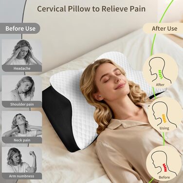 Ортопедична подушка для шиї з Memory Foam, ергономічна для сну на боці, спині та животі, 61.7x37x13/13.6 см, чорна