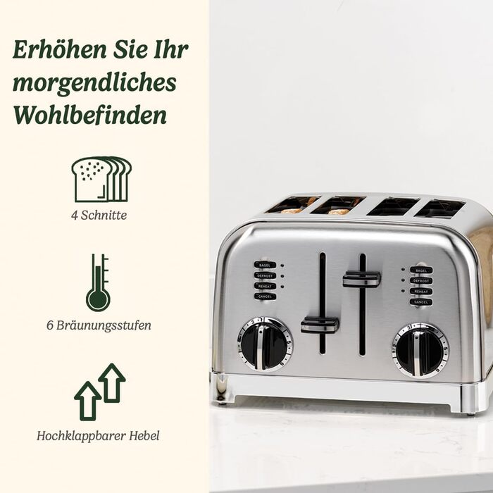 Тостер Cuisinart на 4 тостів, широкі слоти, 6 режимів, функція розморожування, для багета і бейглів, перламутровий