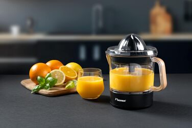 Цитрусовий прес електричний Bestron Black & Wood 0.7 л для апельсинів та лимонів, 2 конуси, чорно-дерев'яний