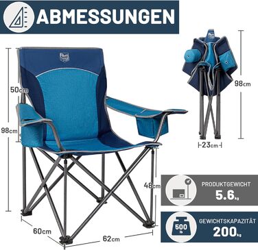 Кемпінговий стілець TIMBER RIDGE XXL, складаний, до 200 кг, м'який, для кемпінгу, саду, балкона, пляжу, риболовлі, чорний