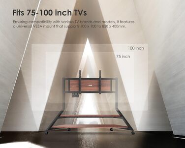 Мобільна TV стійка FITUEYES Design для телевізорів 75-100 дюймів, до 85 кг, регульована висота (14 положень), з полицею та кабель-менеджментом