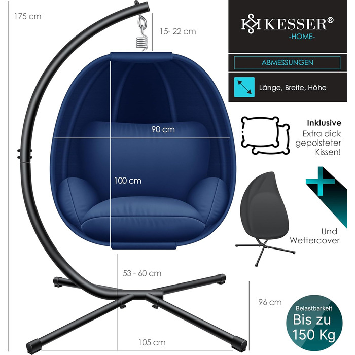 Підвісне крісло-гойдалка KESSER Luxe з каркасом, м'якою подушкою та захистом від погоди, для дому і саду, бічні та спинні подушки, стабільна основа, навантаження до 150 кг, синє