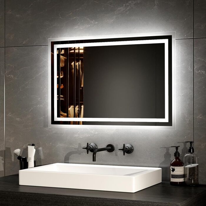 Дзеркало для ванної кімнати EMKE з підсвічуванням 40x60 см LED, антизапарник, холодний/теплий білий, з кнопкою, алюмінієва рама, IP44, енергозберігаюче