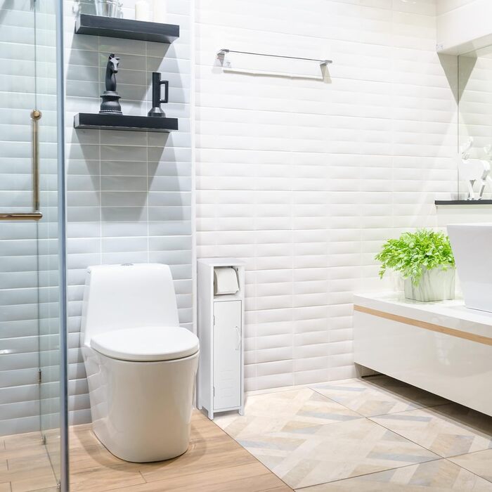 Підлоговий тримач для туалетного паперу Relaxdays, білий, з полицею, 71x18x20 см, шнурова ручка, шафка для туалетного паперу, МДФ
