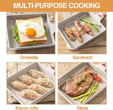 Японська омлетниця Tamagoyaki RANJIMA, прямокутна антипригарна сковорода для яєчні з ізольованою дерев'яною ручкою, алюмінієва, для індукції та газу, 19x16 см, біла