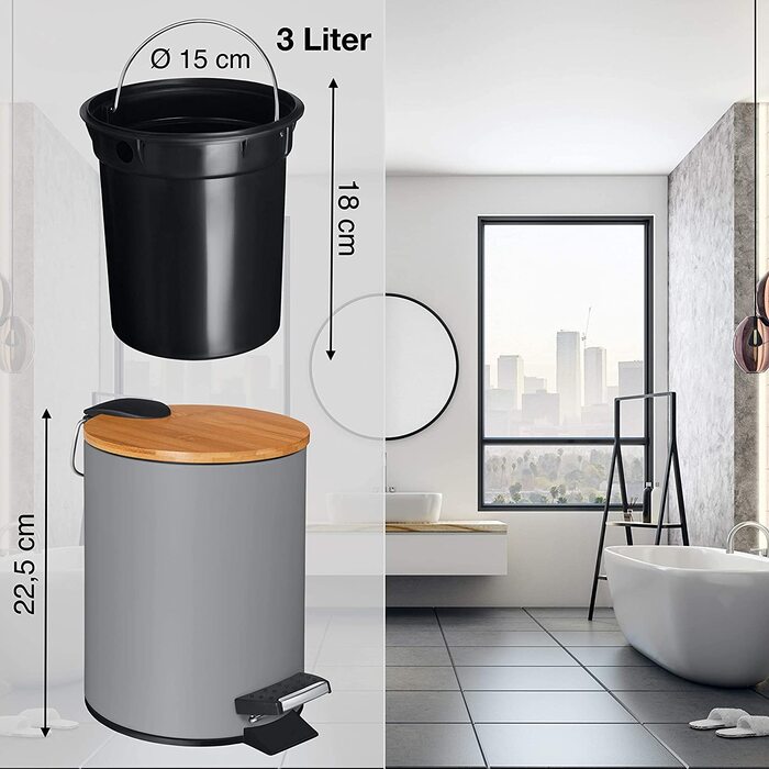 Косметичний відро для сміття VMbathrooms 3 л, сірий матовий, з бамбуковою кришкою, педаллю та функцією Soft Close для ванної кімнати