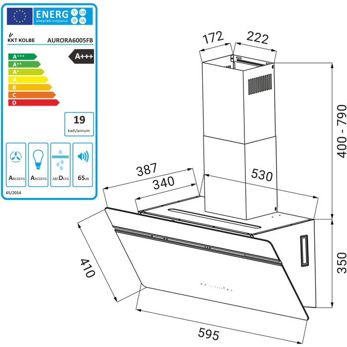 Витяжка для кухні KKT Kolbe Aurora 60 см, чорне скло, 782 м³/год, з WiFi, RGBW LED-підсвіткою та сенсорним керуванням, режим рециркуляції та відводу (AURORA6005FB)