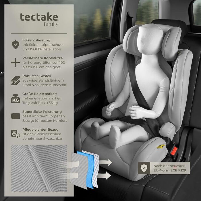 Автокрісло Tectake з 5-точковим ременем, i-Size, бічний захист, бустер для дітей 76-150 см (до 36 кг), сірий