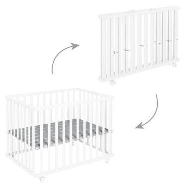 Дитячий манеж roba складаний, білий, дерево, з матрацом Little Stars, 74x100 см, компактний, на колесах
