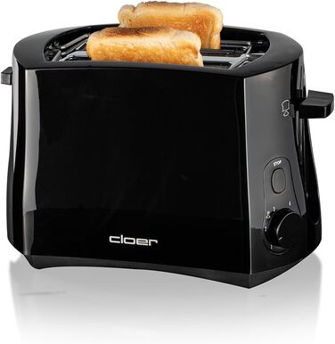 Тостер Cloer 3310 Cool-Wall 825 Вт, для 2 тостів, з підставкою для булочок, кришкою для крихт, функцією додаткового підйому, чорний