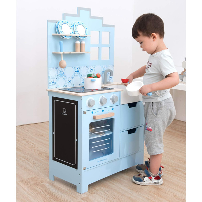 Дитяча дерев'яна кухня New Classic Toys Bon Appétit у стилі Делфтського фарфору, синя, рольова гра