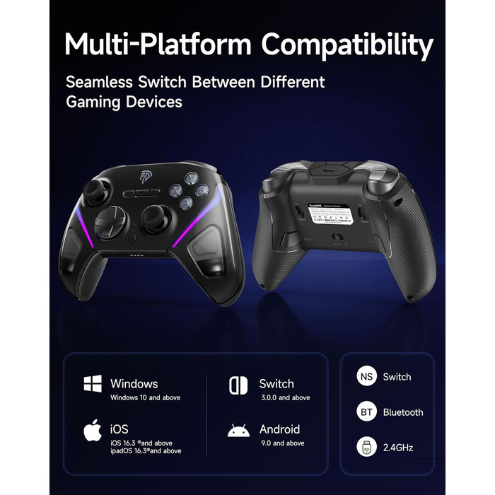 Ігровий бездротовий контролер EasySMX D10 для PC, Switch, Android з док-станцією, TMR-джойстиками, 2-в-1 тригерами та RGB-підсвіткою, 1000Hz Polling, чорний