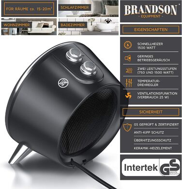 Керамічний електрообігрівач Brandson 1500 Вт для ванної, з терморегулятором, 2 режими, захист від перегріву і перекидання