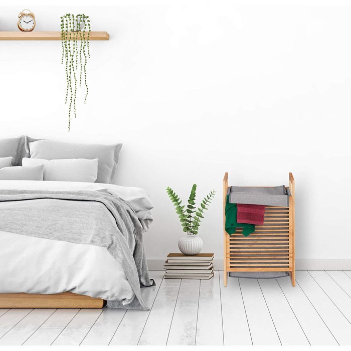 Кошик для білизни Relaxdays з бамбука, прямокутний, з кришкою, для брудної білизни у ванну, 60x40x35 см, натуральний/сірий