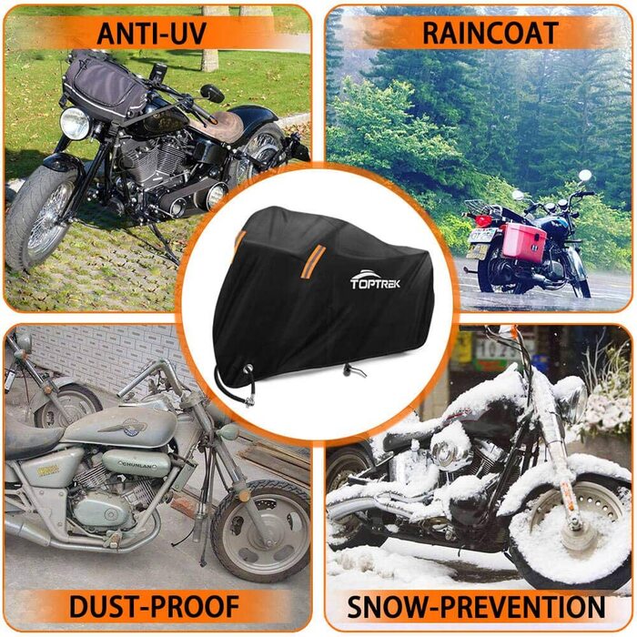Чохол для мотоцикла TOPTREK XXL водонепроникний, зимовий, 210T Oxford, для Harley-Davidson, Honda, Suzuki, Kawasaki (245×105×125 см)