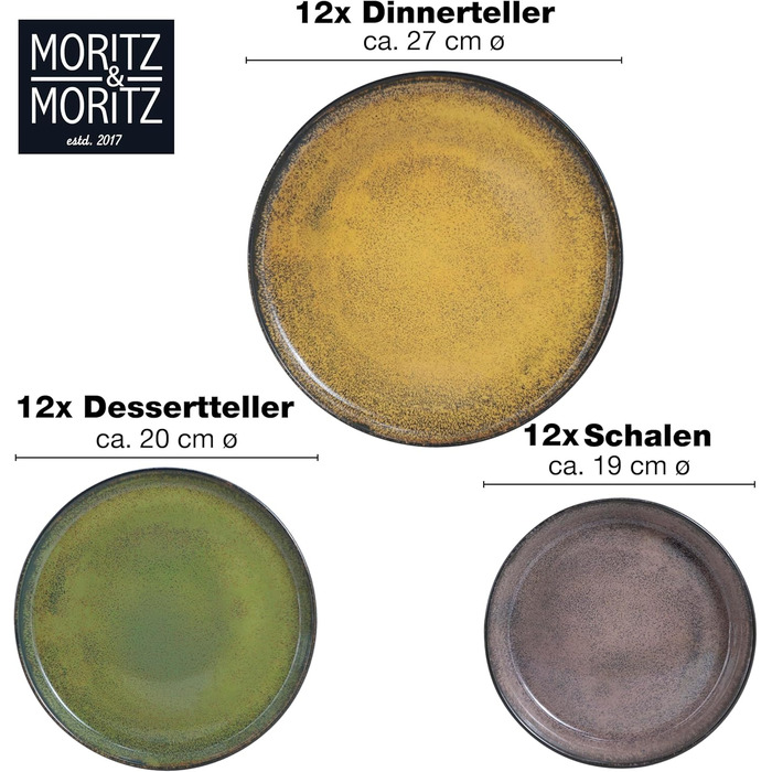 Набір посуду Moritz & Moritz VIDA на 12 персон, 36 предметів, вінтажний стиль, сучасна порцеляна, стійкий до подряпин, для мікрохвильової печі та посудомийної машини, столовий сервіз, комбінований сервіс