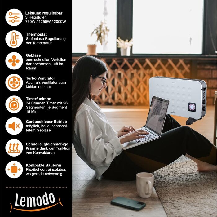 Мобільний електрообігрівач LEMODO, енергоощадний конвектор, електрична обігрівальна панель з таймером і турборежимом, 3 режими потужності (750/1250/2000 Вт), без газу, міцний корпус