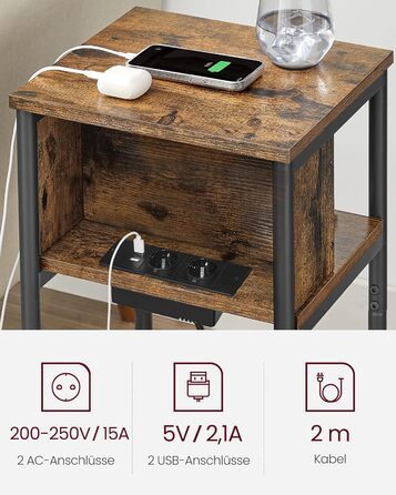 VASAGLE приліжковий столик з розетками та USB, вузький, 30x34x58 см, горіхово-коричневий/чорний, для вітальні і спальні