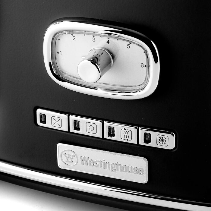 Тостер Westinghouse Retro на 4 скибки, знімна решітка для булочок, 6 режимів підсмажування, центрування хліба, функції розморожування, підігріву та зупинки, індикатор, висувний піддон для крихт, чорний