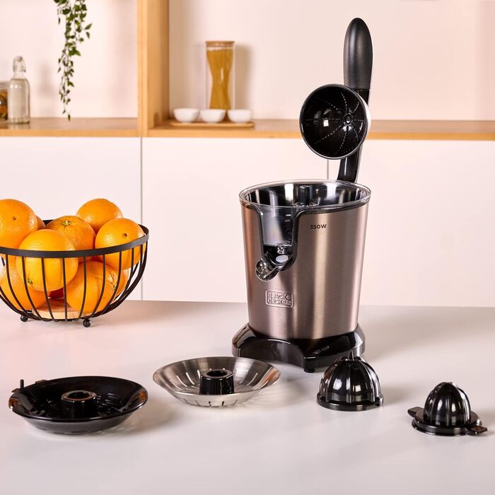 Електрична цитрусова соковижималка BLACK+DECKER BXCJ350E, 350 Вт, професійний мотор, нержавіюча сталь, регулювання м'якоті, 2 насадки, 650 мл