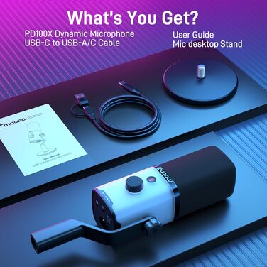 MAONO XLR/USB ігровий динамічний мікрофон з RGB підсвіткою, шумозаглушенням, кнопкою вимкнення звуку та регулятором гучності для подкастів і стрімінгу, з настільною підставкою PD100X