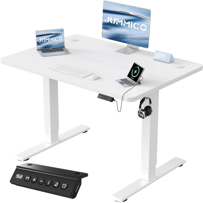 Регульований стіл JUMMICO 80x60 см з USB-роз'ємом, електричний, білий. Ергономічний стіл для стоячи/сидячи, комп'ютерний стіл.