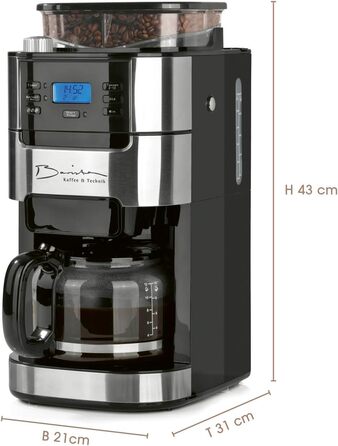 Кавомашина Barista Filterkaffeemaschine з регульованим млинком та скляною колбою | Функція підігріву, таймер 24 год та постійний фільтр | Для 10 чашок кави | Кавомашина для зерен та меленої кави [Нержавіюча сталь] 6) Нержавіюча сталь - скляна колба - з мл
