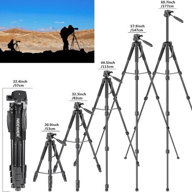 Neewer портативний штатив 177 см з алюмінію з 3D головкою для DSLR камер, чорний
