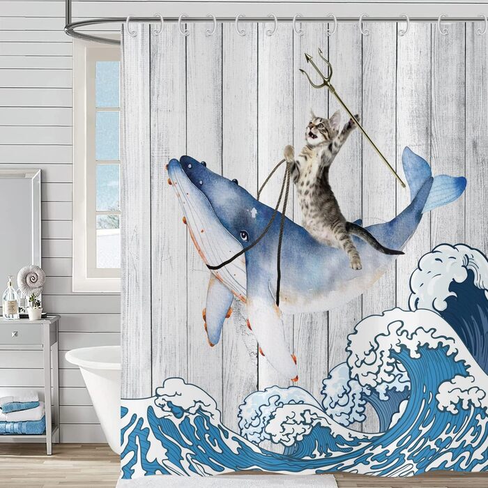 Душова завіса 180x200 см, кумедна кішка на киті з хвилями Канагави, Hnmdmyi, водонепроникна тканина, мийна, для ванної, дитяча, сільський стиль