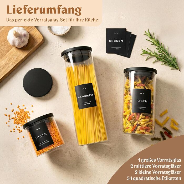 Набір скляних контейнерів для продуктів EDELHAUS з чорними кришками (5 шт.), органайзер для кухні з 54 етикетками для борошна, цукру, кави та чаю (2000мл, 1400мл, 650мл)