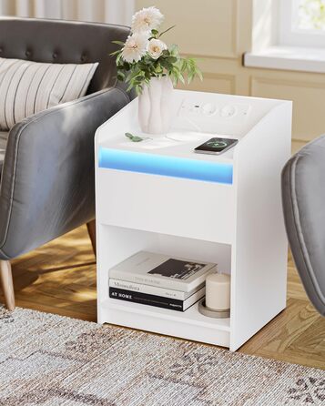 Тумба приліжкова Hzuaneri з LED-підсвіткою, USB, розетками, шухлядою та відкритою полицею, біла, для спальні та вітальні