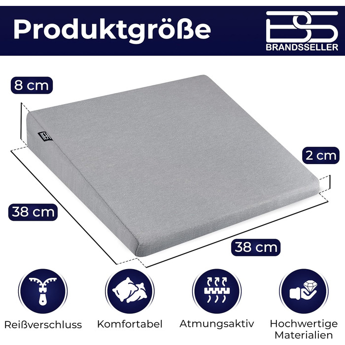 Подушка для сидіння Brandsseller (38x38x8/2 см, сіра) на стілець, автокрісло, офісний стілець