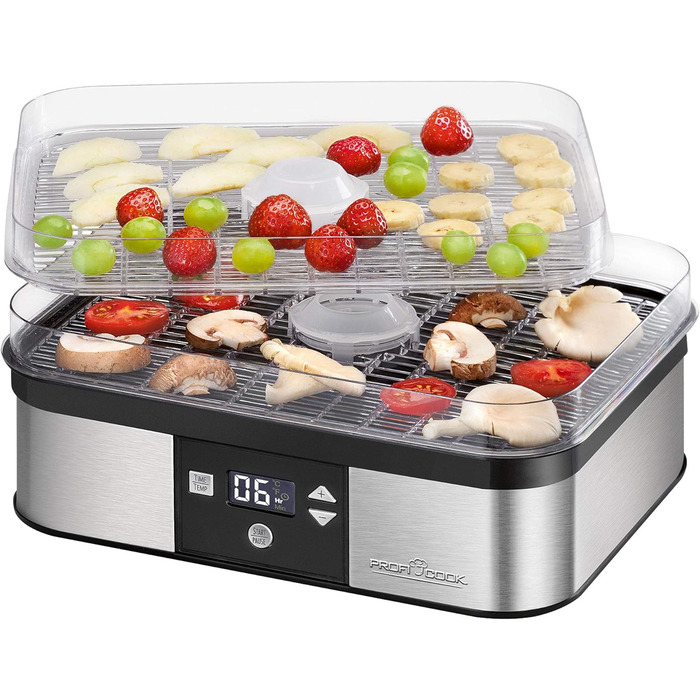 Сушарка для овочів і фруктів ProfiCook PC-DR 1218, нерж. сталь, 650 Вт, 6 рівнів, таймер, LED, BPA-free