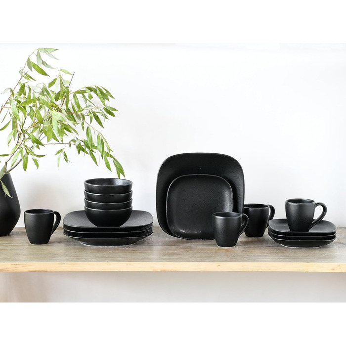 Набір посуду CreaTable Magic Black Square, 16 предметів, комбісервіс з кам'яної кераміки, для посудомийної машини та мікрохвильовки, вироблено в Португалії