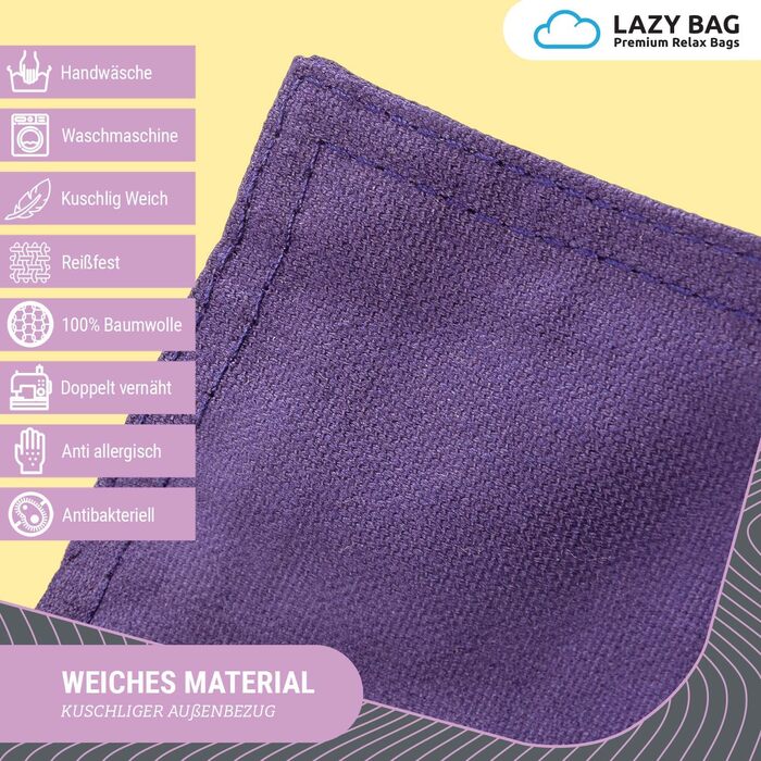 LAZY BAG Великий крісло-мішок Classic XXL 140x180 см | Крісло-мішок 2-в-1 для відпочинку та лежання | Зручні моменти в приміщенні та на вулиці завдяки 4 млн EPS-кульок для ідеальної ергономіки | Прачний чохол (бавовна, фіолетовий)