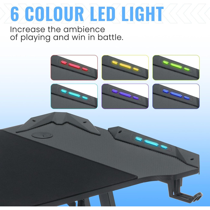 Ігровий стіл Kidsgigglz з LED-підсвічуванням 120x60 см - ергономічний комп'ютерний стіл з тримачем для напоїв та гачком для навушників. Підходить для дому, офісу та як кутовий стіл.