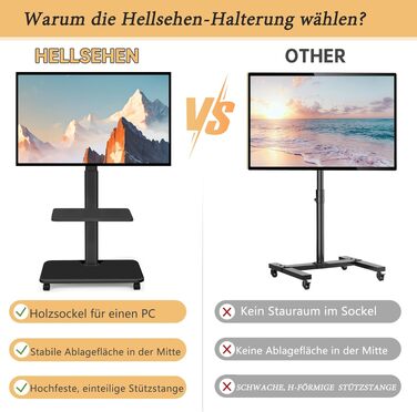 Мобільний телевізійний тумба Hellsehen для LED/LCD/OLED TV 32-70 дюймів (до 45.4 кг), чорна, з регулюванням висоти та фіксаторами коліс