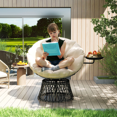 Крісло Outsunny Papasan Ротанг 360° Поворотне плетене крісло з подушкою Діаметр 90 см Кругле зовнішнє ротангове крісло Поворотне крісло Крісло для відпочинку Крісло для відпочинку Крісло для вітальні Сад Балкон бежевий
