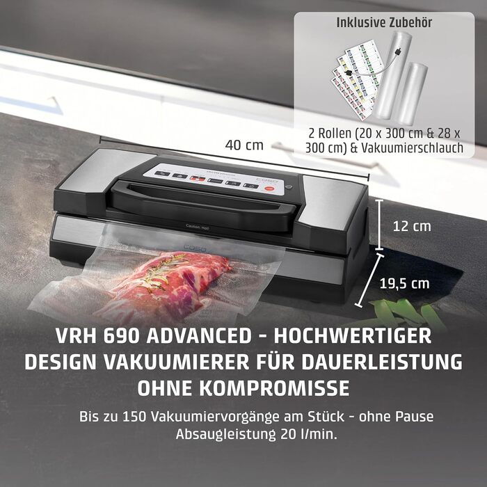 Вакууматор для продуктів CASO VRH 690 advanced: професійний вакуумний пакувальник, 20 л/хв, подвійний шов, вбудований різак, 150 циклів безперервно, з 2 рулонами плівки