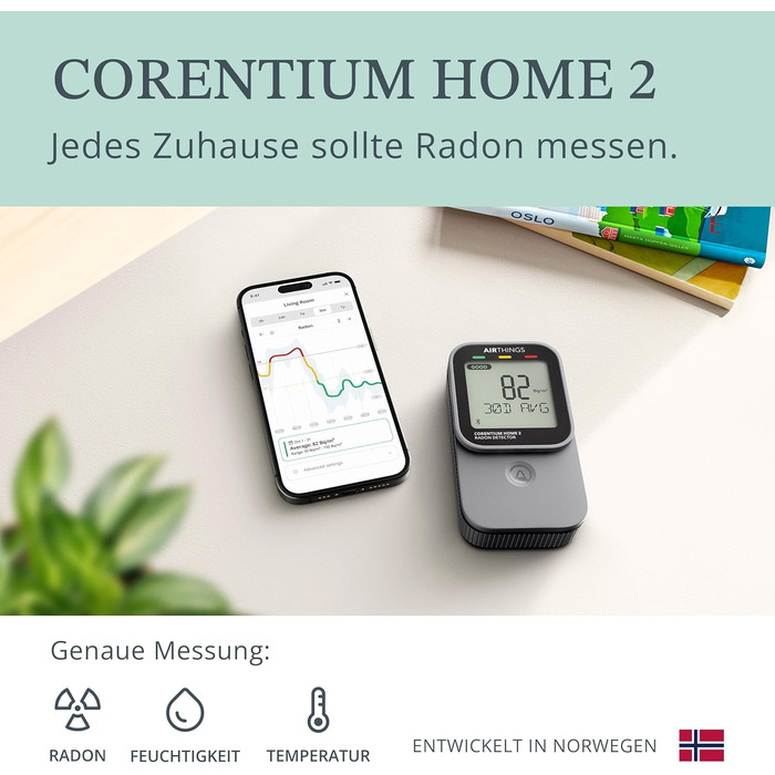 Airthings 325 Corentium Home 2: Радіометр радону з Bluetooth, датчики вологості та температури, портативний