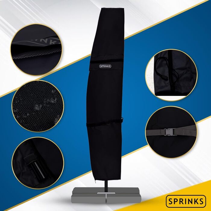 Чохол для парасольки SPRINKS® до 300 см, чорний - захист від сонця, дощу та УФ-променів. Зі сталевим стрижнем для зручного одягання. Розмір: 260 x 40/70/50 см