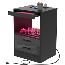 Прикроватна тумба Lvhecforhm з LED-підсвіткою, USB та розетками, чорна, з висувною шухлядою і відкритими полицями, 40x35x60 см