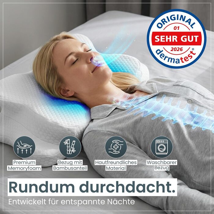 Ергономічна подушка для шиї Gentle North з ефектом пам'яті (Memory Foam), ортопедична подушка для сну на боці, спині та животі, зі знімним чохлом (61x40x12 см, біла)