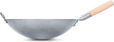 Велика важка ручна сковорода-вок із вуглецевої сталі Craft Wok 40 см з дерев'яною та сталевою ручкою, кругле дно